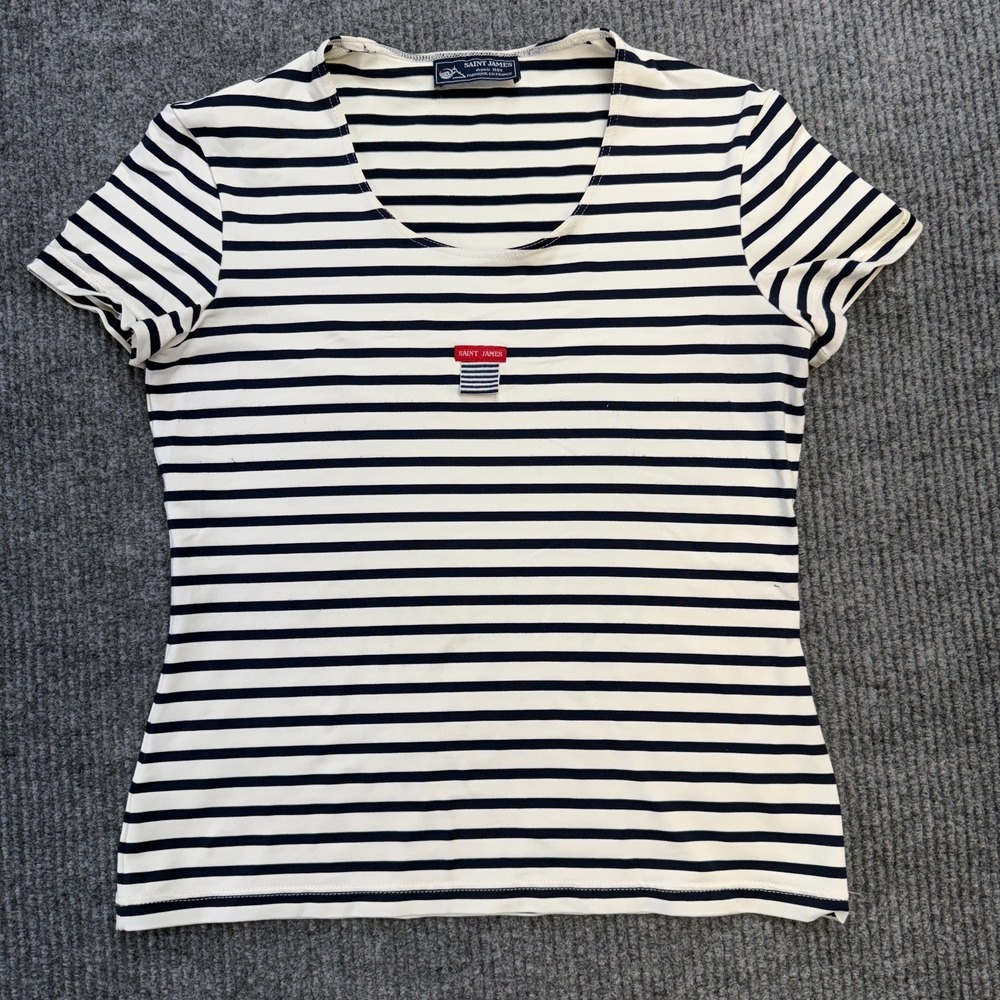 Saint James Top Womens 10 White Blue Breton Striped Stretch Shirt Nautical Beach